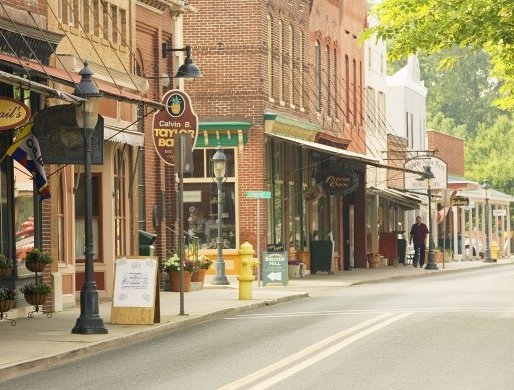 a city street lined with shops and stores